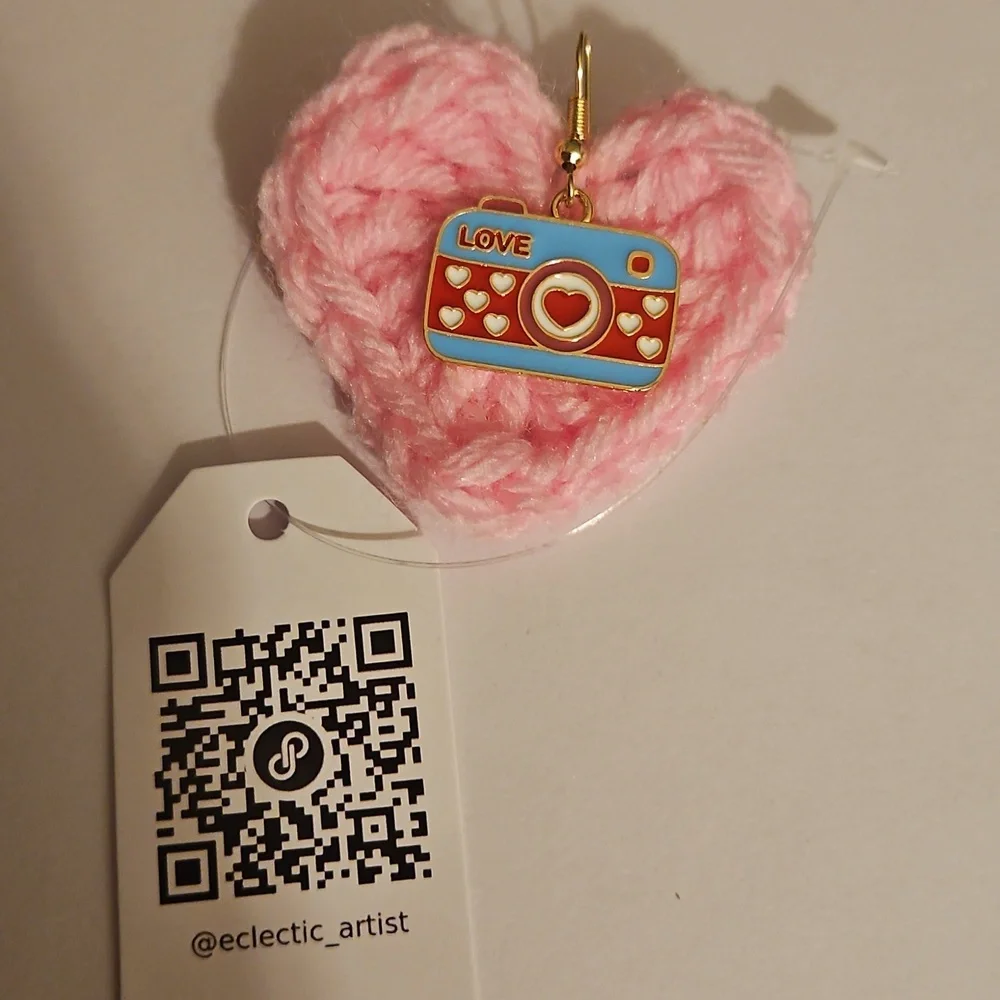 Handmade Crochet Acrylic Pink Heart Camera Earrings Charm Dangling Earrings